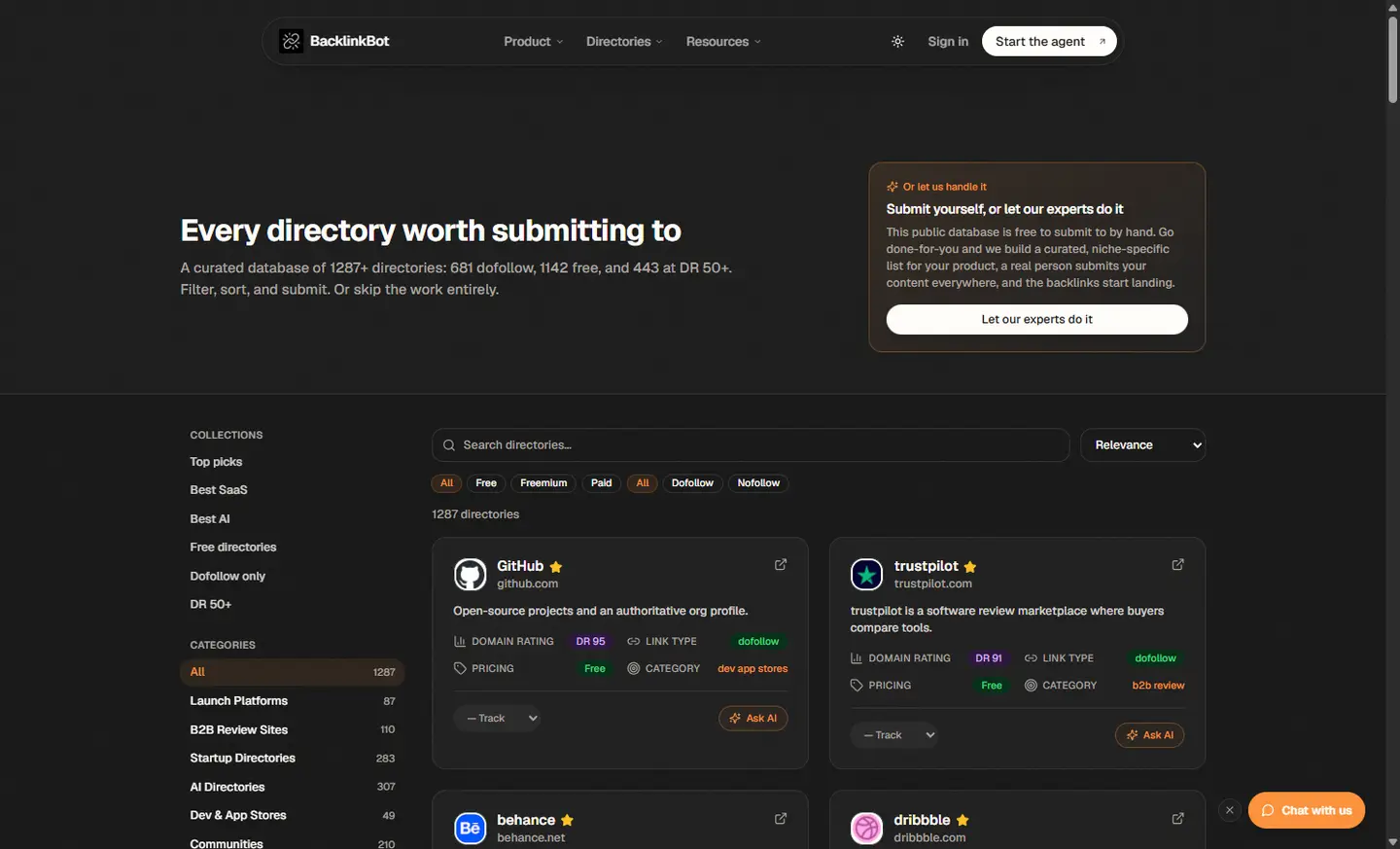 BacklinkBot directory database with 1287+ rows, DR badges, and dofollow filters.