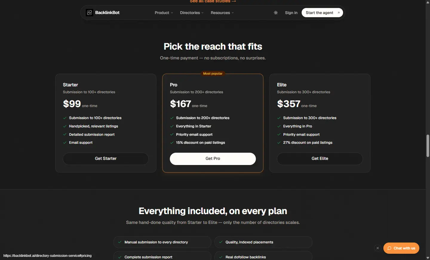 BacklinkBot pricing cards: Starter $99 for 100+, Pro $167 for 200+, Elite $357 for 300+.