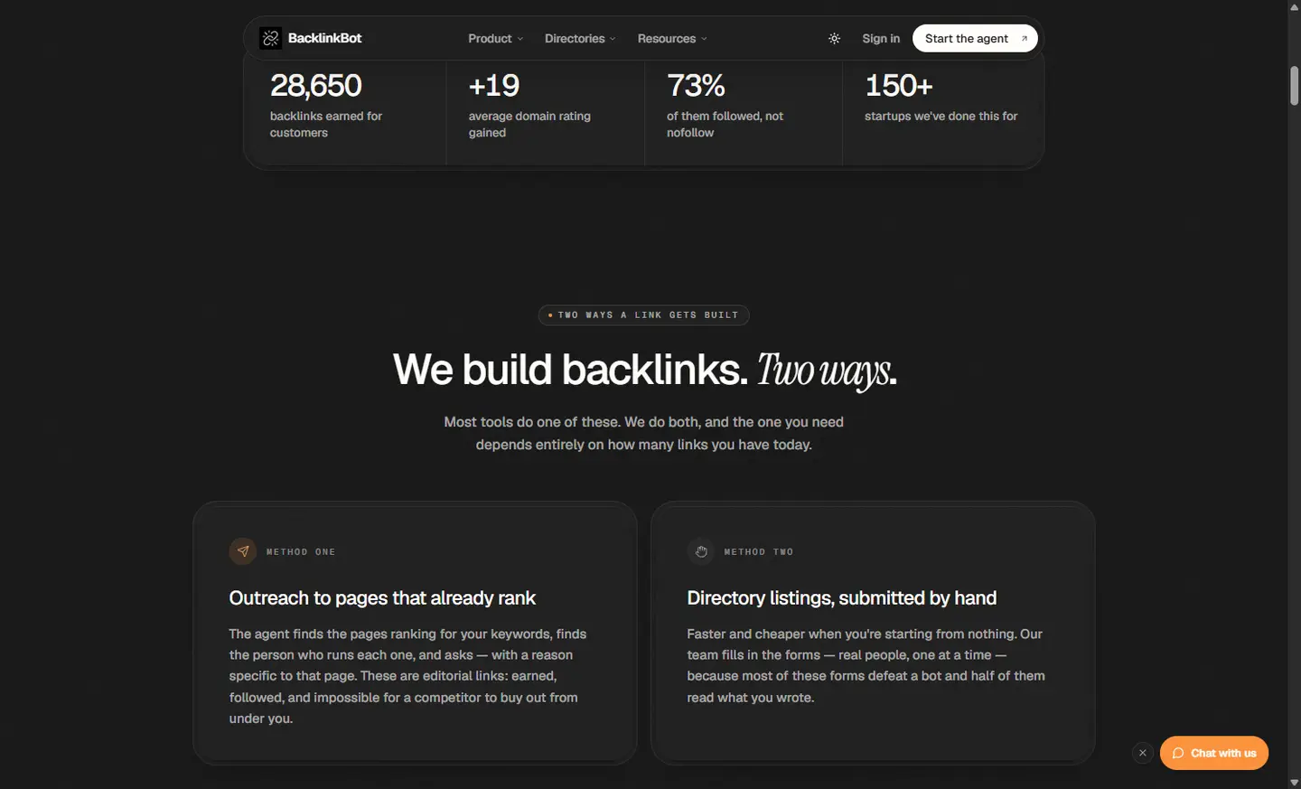 BacklinkBot homepage section titled We build backlinks. Two ways. Outreach agent on the left, hand-submitted directories on the right.