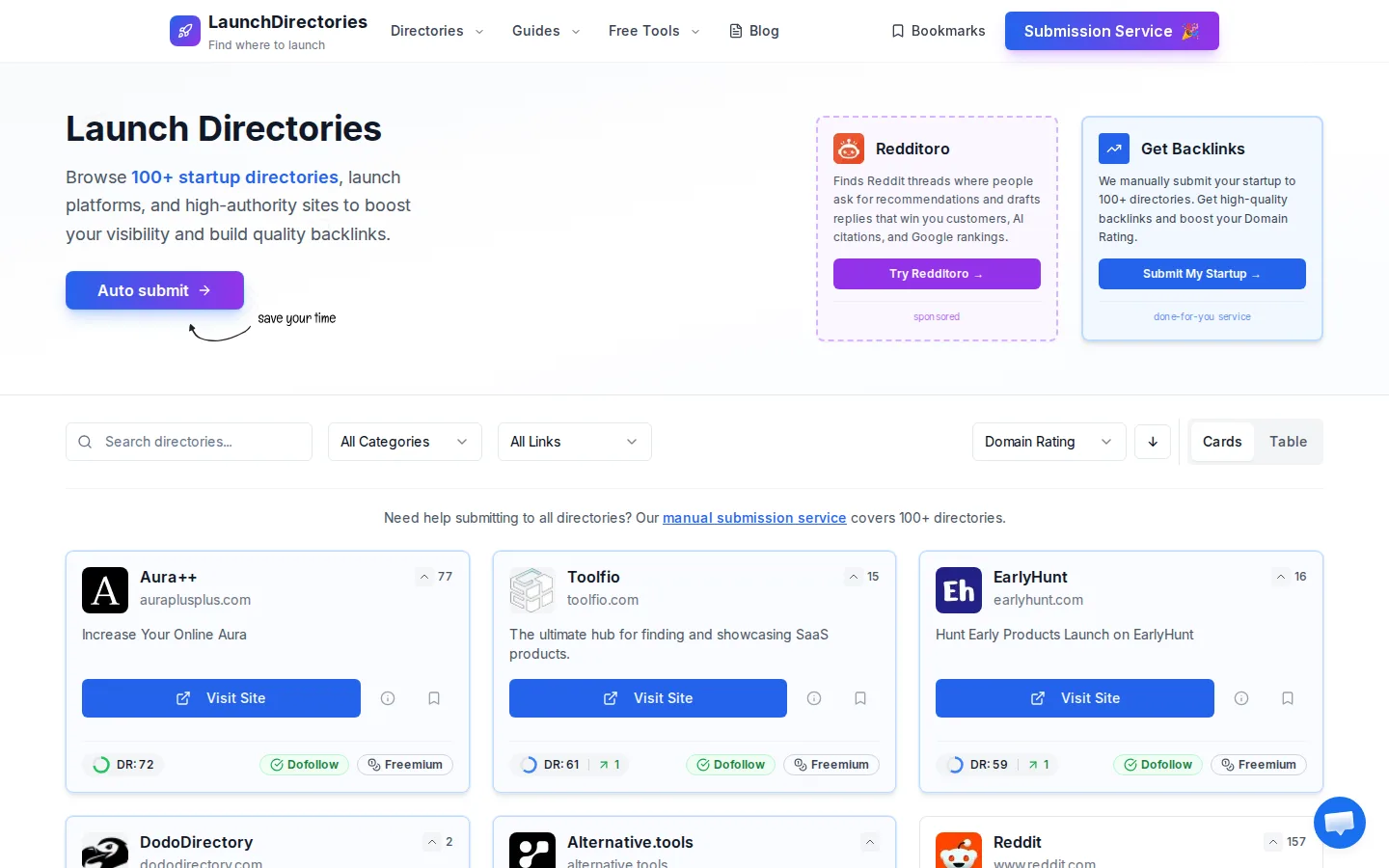 LaunchDirectories homepage with directory catalog and submission service pitch.