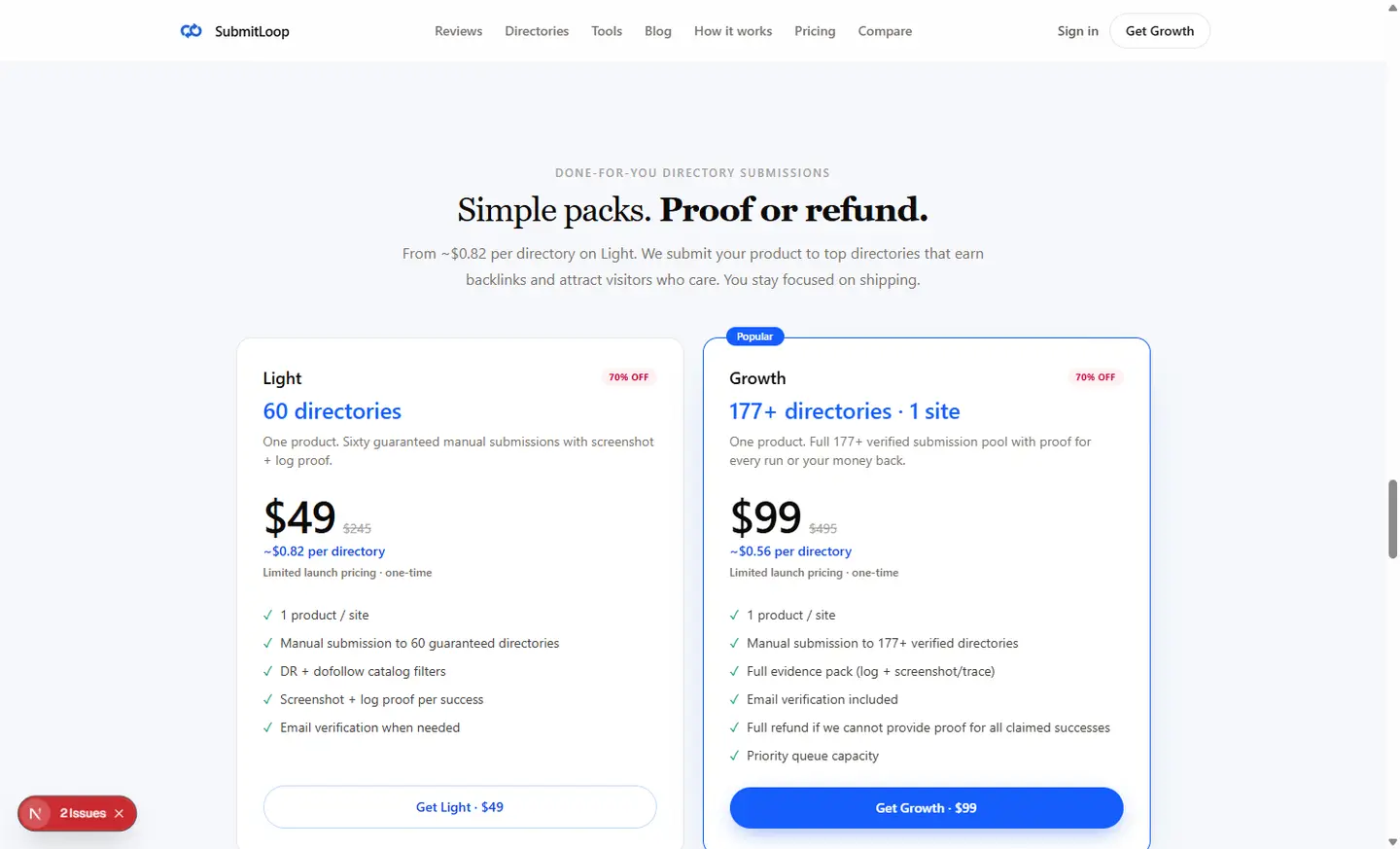 SubmitLoop Light $49 and Growth $99.