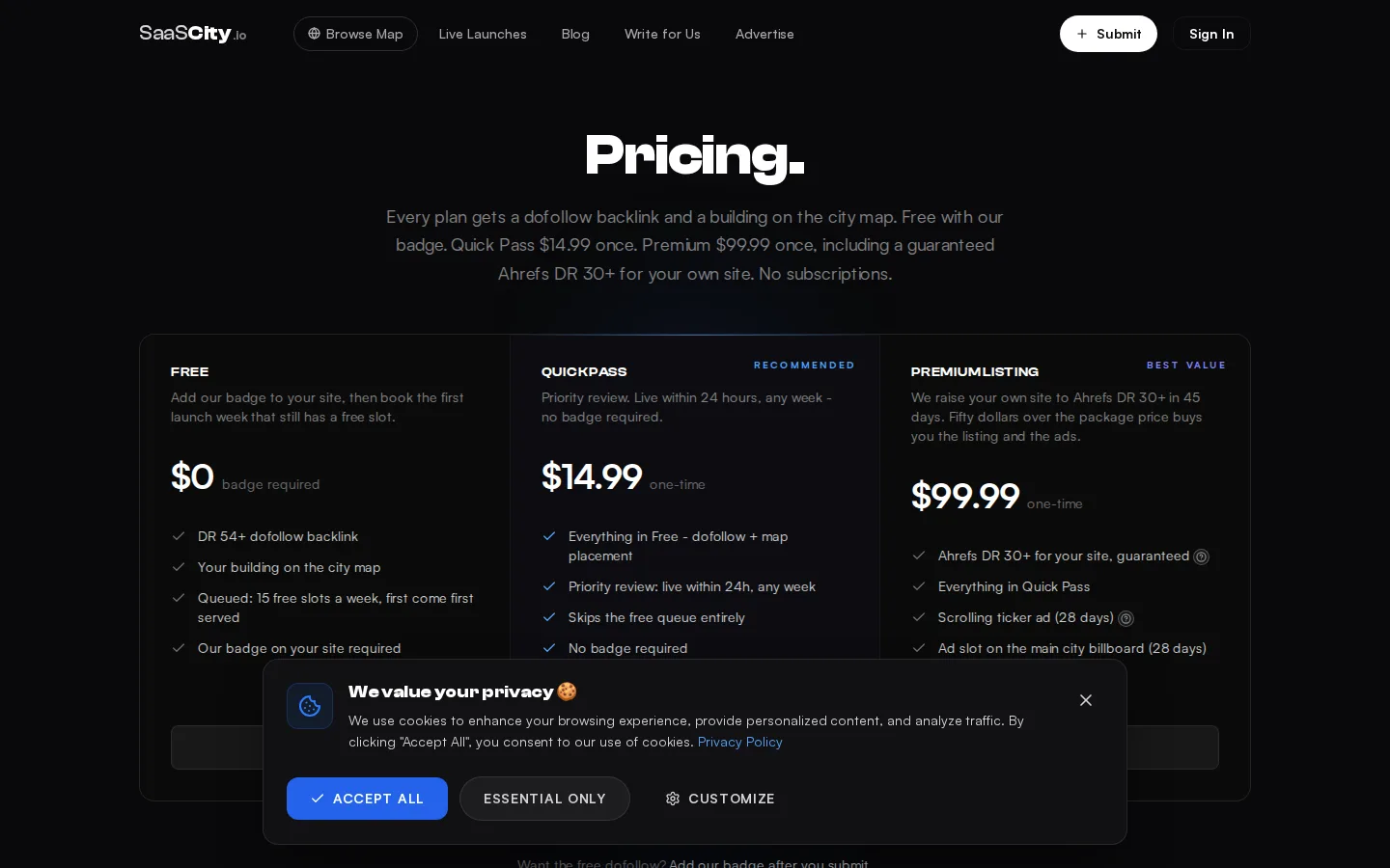 SaaSCity pricing: Free, Quick Pass $9.99, Premium $69.99.