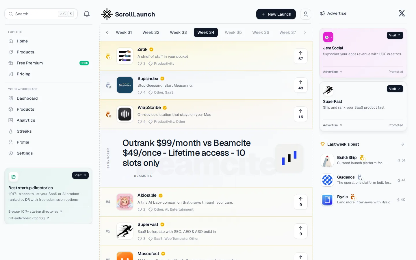 ScrollLaunch homepage weekly product launch leaderboard.