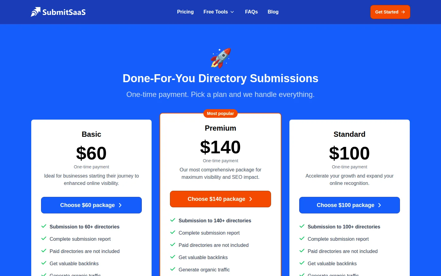 SubmitSaaS pricing: $60, $100, and $140 one-time packs.
