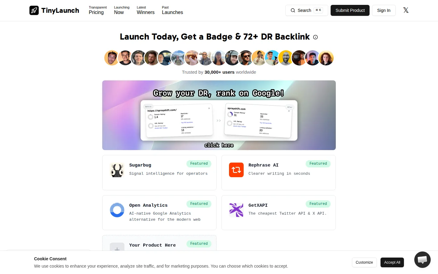 TinyLaunch homepage for weekly product launches.