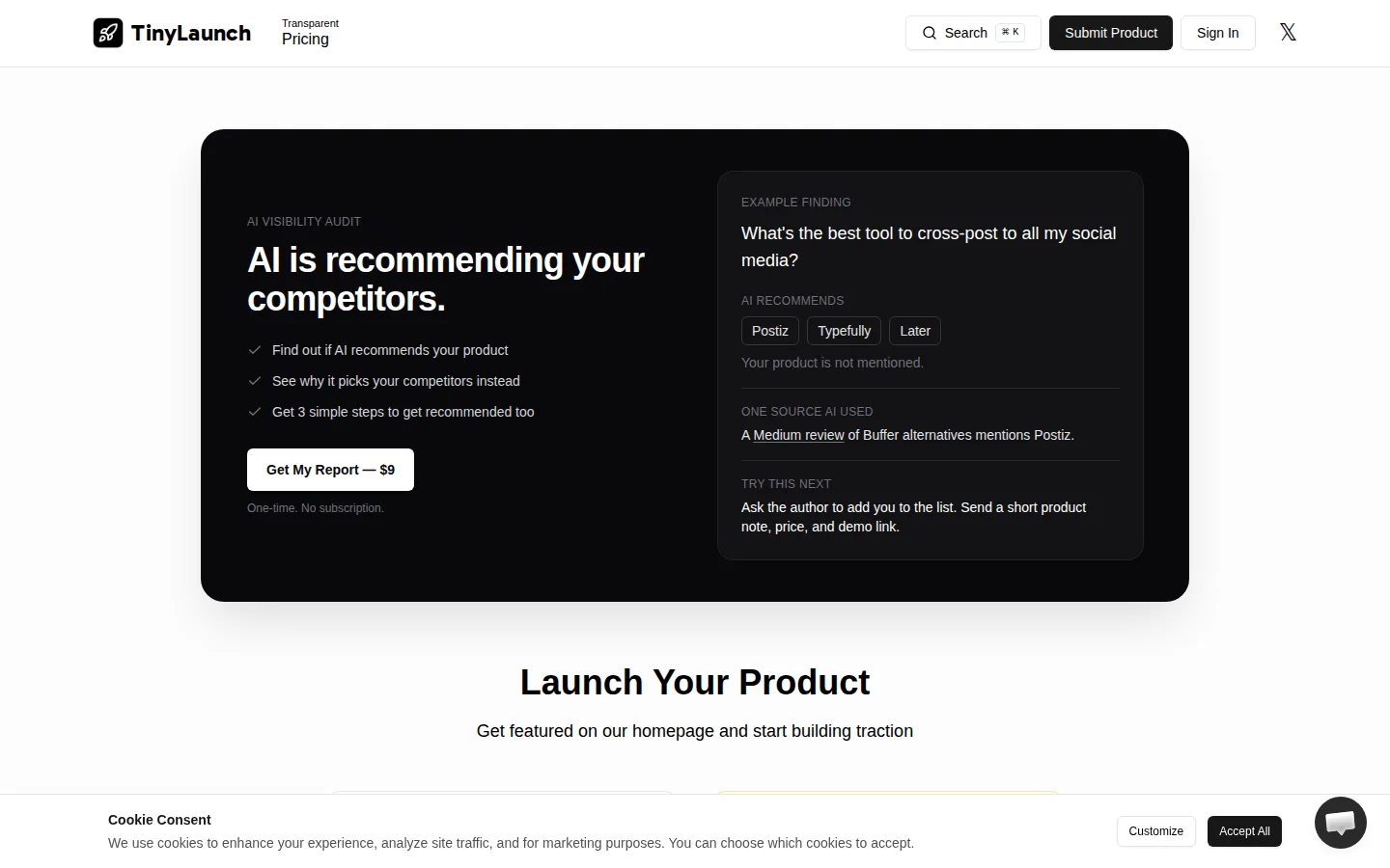 TinyLaunch pricing page including the $279 directory submission service.